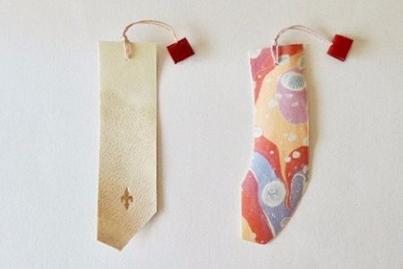 矢島美穂子のGALERIE5ルリユールの材料を使って＜紙の本＞のために『栞』をつくる「地道な努力が成果を生む」という意味のフランスのことわざの＜革SHIORI＞の全体