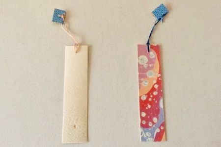 矢島美穂子のGALERIE5のルリユールの材料を使って＜紙の本＞のために『栞』をつくる立原道造「夢みたものは…」の＜革SHIORI＞の全体